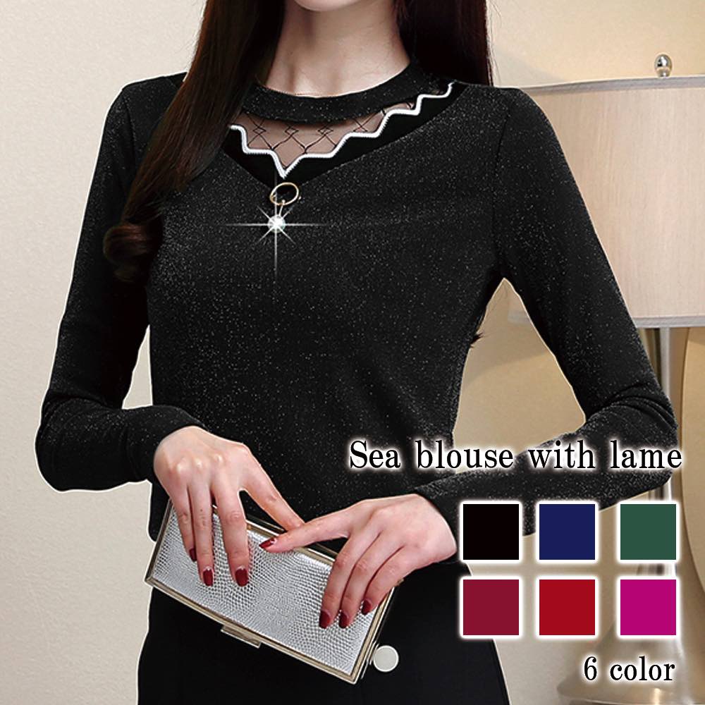 ブラウス レディース ラメ入りシアーブラウス フリル ブランド きれいめ スーツ ワンピース 長袖 カットソー 冬 Tシャツ ノーアイロン 事務服 高品質 オフィス レース 黒 おしゃれ ボウタイ 春