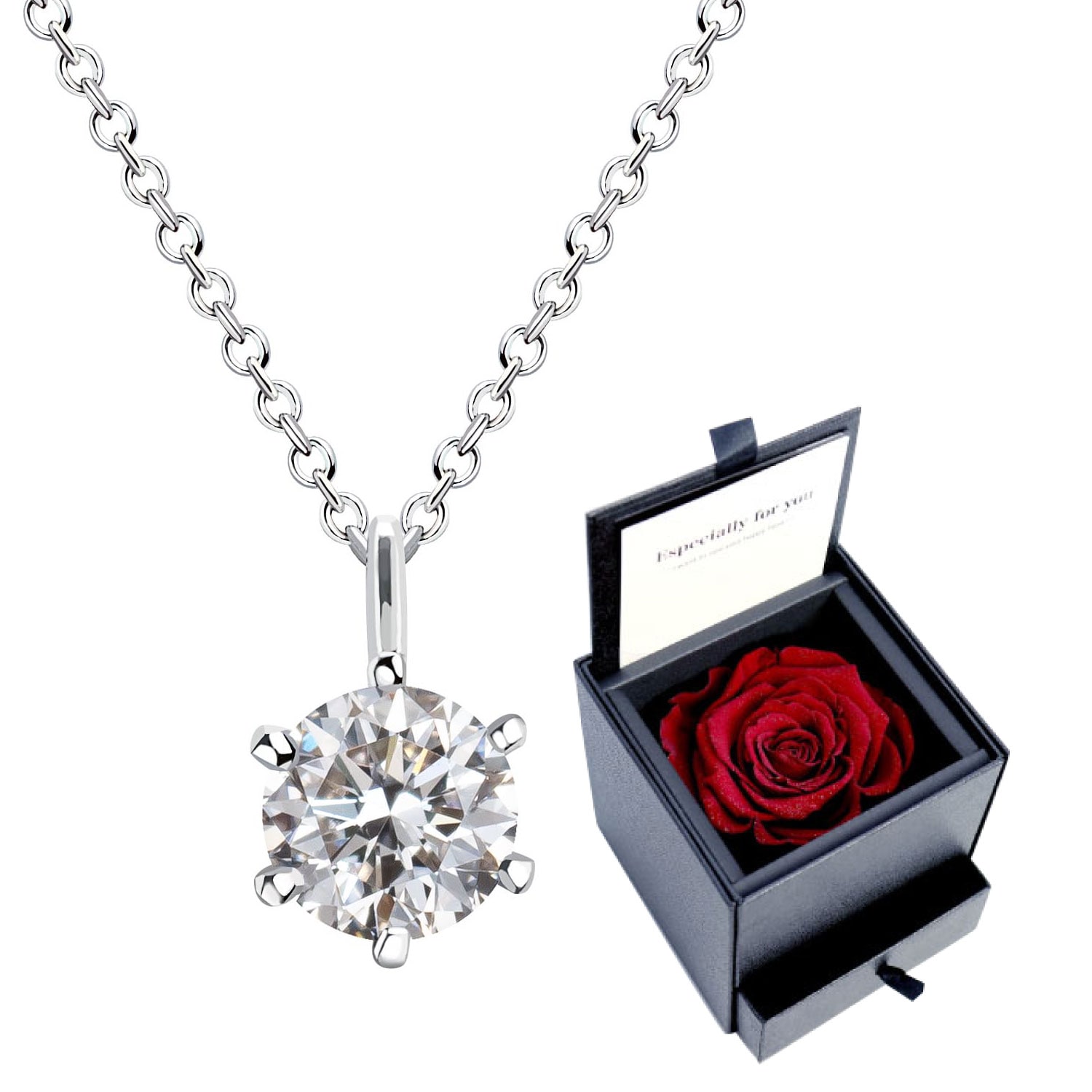 ネックレス レディース キュービックジルコニア 一粒 ダイヤモンドローズ プリザーブドフラワー 薔薇 バラ 誕生日 プレゼント