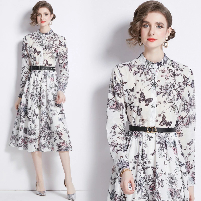 新入庫 M～3Lパーティー ドレス ロング フレアワンピ ワンピース ワンピ パーティードレス パーティーワンピ 結婚式 二次会 大きいサイズクラシカル系 レトロ感 ベルト付き 可愛い蝶々柄プリ