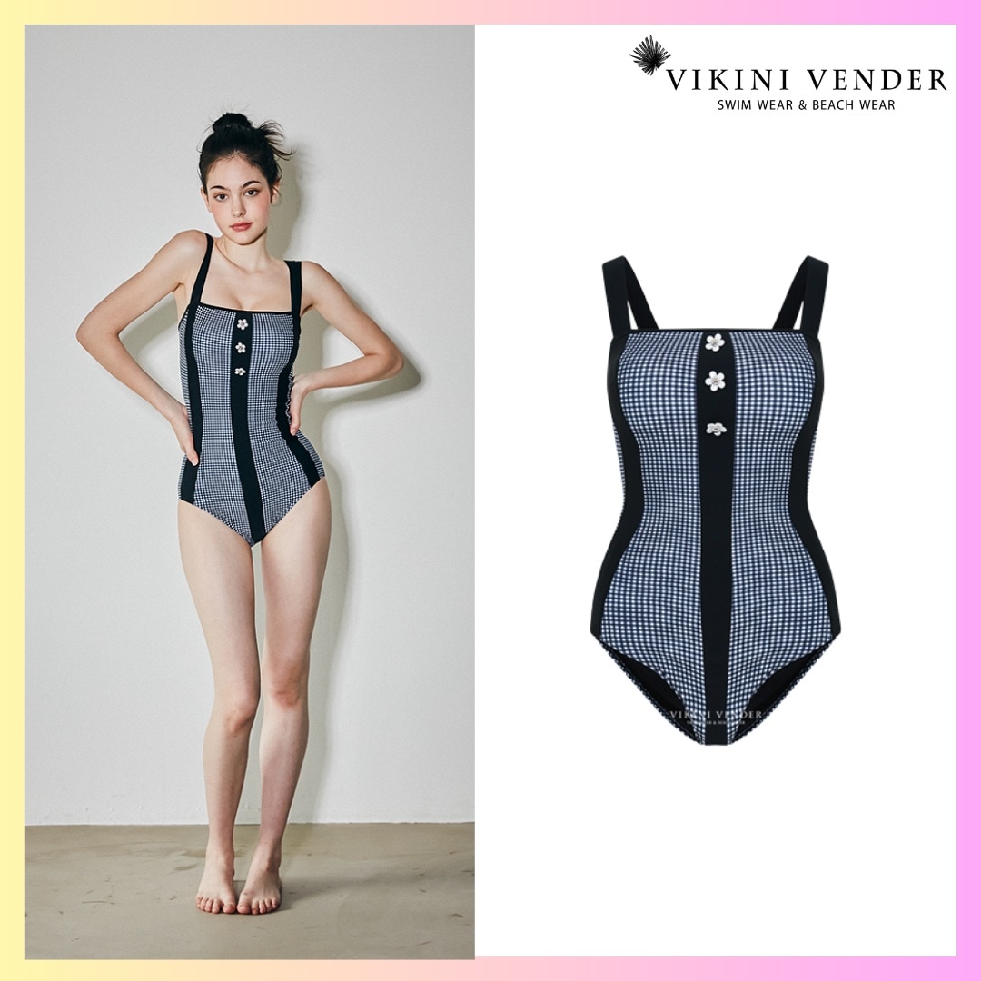Juvien Check Button Monokini + FREE OMAKE ワンピース水着 モノキニ 水着 レディース ワンピース水着 おしゃれ 水着 人気 韓国水着 シンプル水着