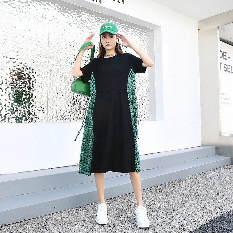 ワンピースtシャツワンピースレディース夏服可愛い切り替えひもを引いて腰を下ろす設計ロンt韓国ファッションブランド