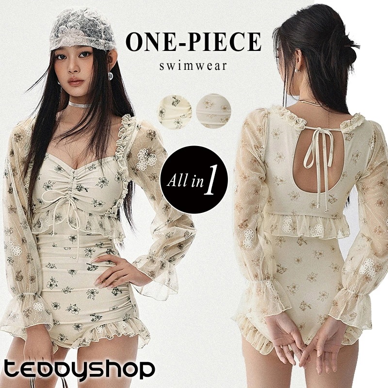 水着 ワンピース 体型カバー レディース 胸パッド付き オールインワン シアー キャンディスリーブ 長袖 フリル ペンタゴンネック ギャザー バックリボン ノンワイヤー バスト 盛れる 二腕 ウエスト