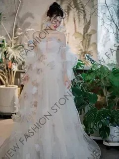 G フランス式軽ウェディングドレス花嫁2024新型ワンショルダーシンプルウェディングドレス-23