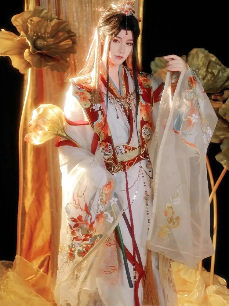 ゴージャスな漢服 コスチューム 5点セット 豪華 男女兼用 カップル お揃い 花神 武神 花刺繍 刺しゅう 飄逸 伝統衣装 コスプレ衣装 ハロウィン 学園祭 文化祭 チャイナ服 中国古代衣装 仮装 漢