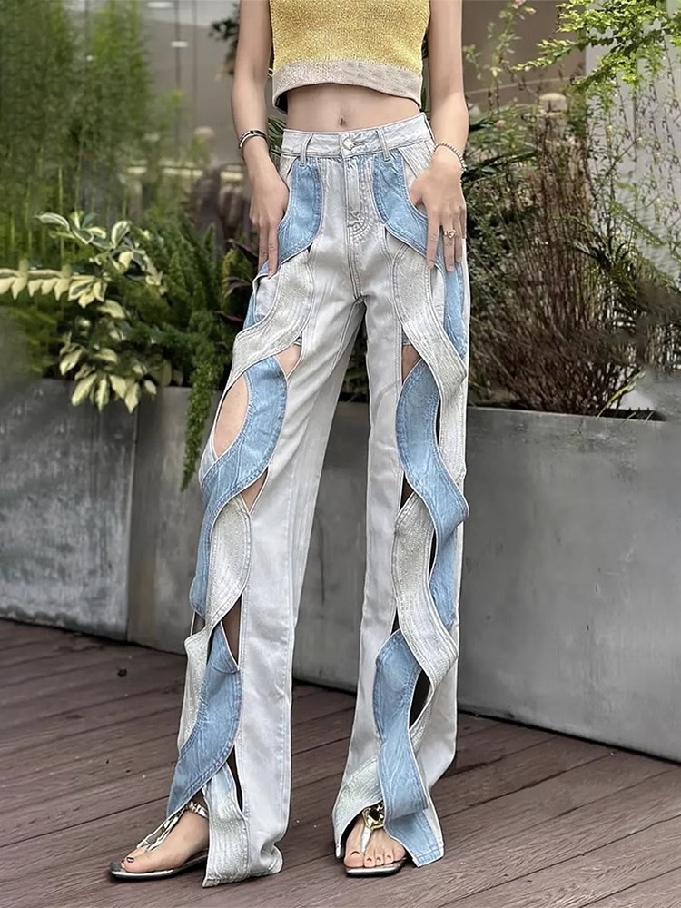 激安セール 個性 ジーンズ 結び目 抜き ホットスタンプ ロングパンツ スリム スラックス 麻花 デニムパンツ 縫付 ストレートパンツ ワイドパンツ