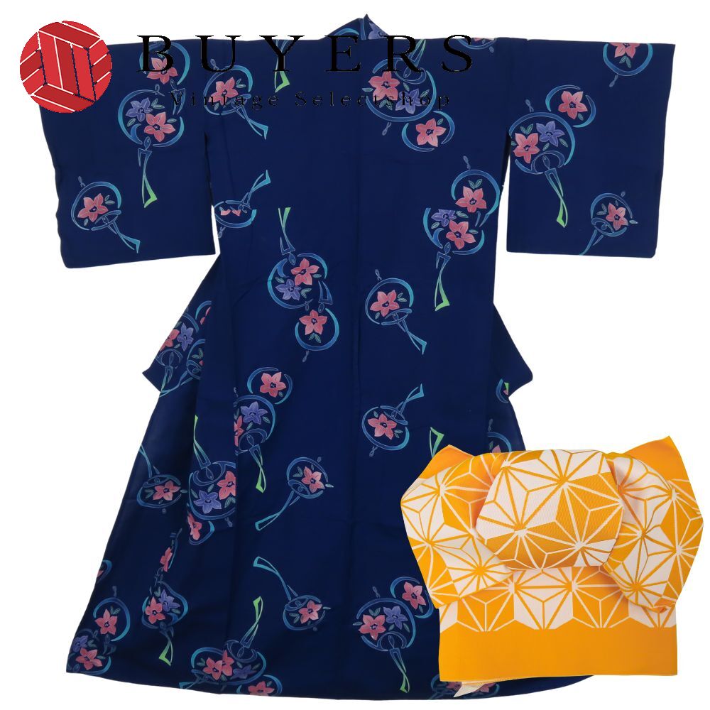 中古 浴衣 2点セット 作り帯 綿 ポリエステル 藍色系 黄色 マルチカラー 注染ゆかた リボン 可愛い 和装 呉服 和服 きもの レディース 女性