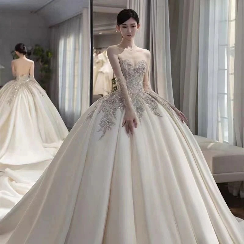 【2枚購入で 3oo円OFF！】サテンブウェディングドレスメインヤーン2025夏花嫁プチドレステール質感レディース