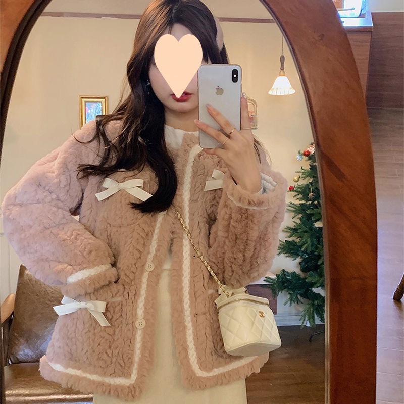 2025冬新作模造ウサギの毛皮の女性の女子学生のための弓豪華なコート暖かい子羊ベルベット厚み