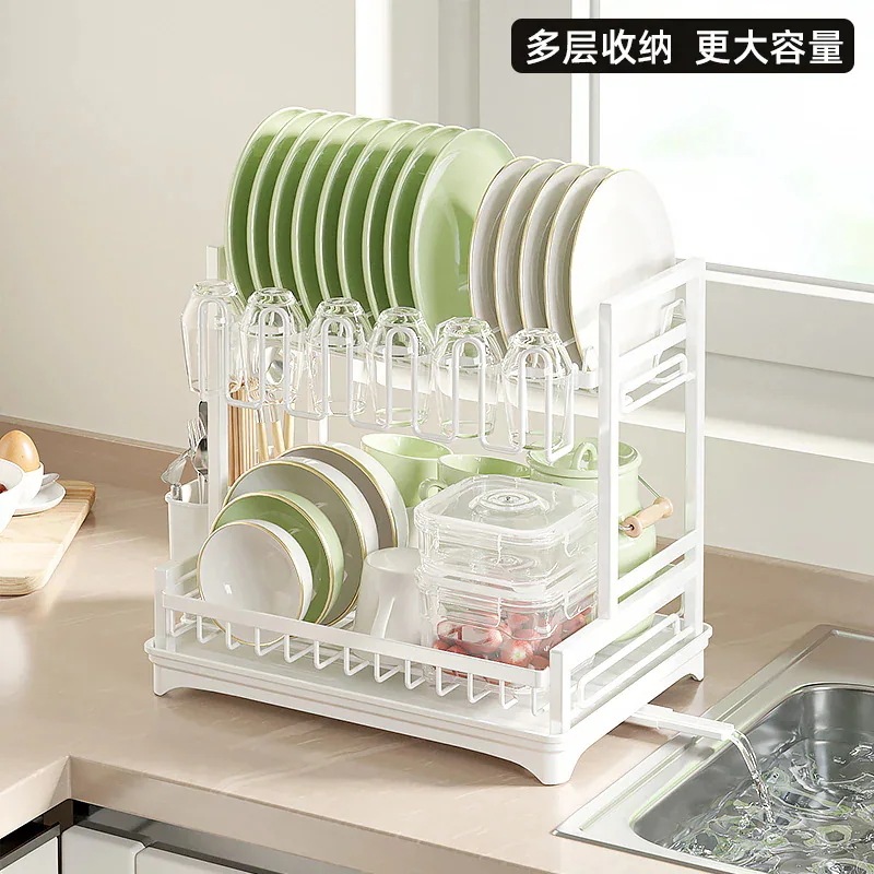 キッチン白い角管排水ボウルラック家庭用ボウル箸カップ皿収納ラック水ガイド付き二重層取り外し可能な食器ラック