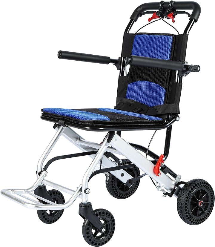 介助型車椅子 軽量 アルミ製 折りたたみ式 収納ポケット付き コンパクト 衝撃吸収 透気性 介護用品 介助ブレーキ付き 外出 旅行に適用 U-LY002( ブルー)