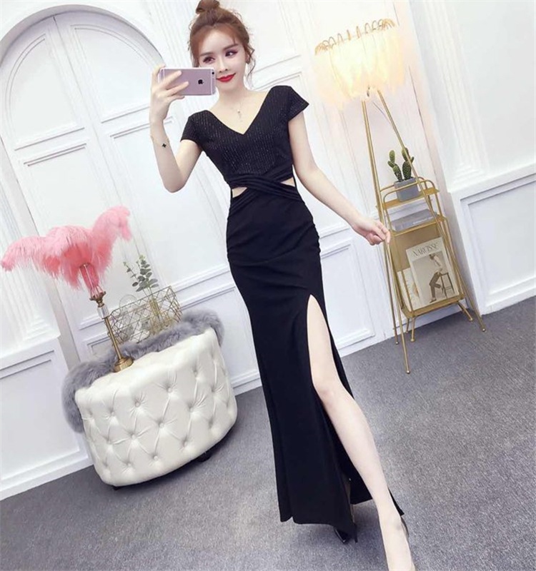 気質宴会イブニングドレス女性の夏のセクシーなローVスパンコール中空ウエストスリットフィッシュテールロングスカート 母の日 母の日-0008745