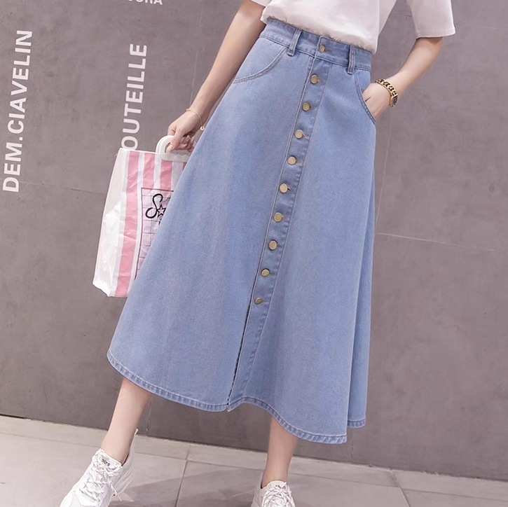 レディース スカート ボトムス カラースカート デニムスカート フレアスカート ロングスカート フレア Aライン フェミニン ストリート ハイウエスト ボタン アメカジ デニム ブルーデニム シンプル