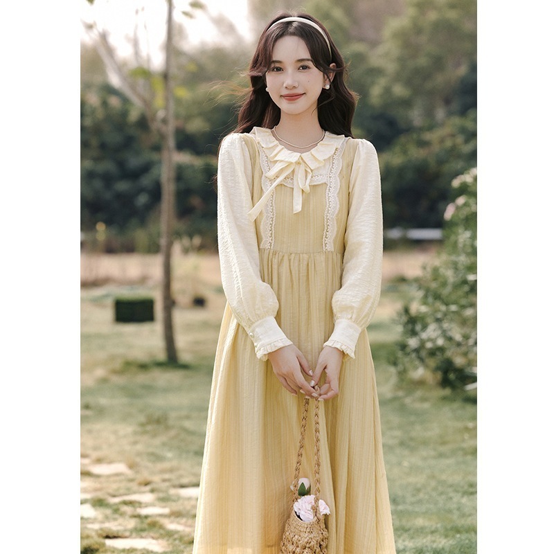 【急速出荷】送.料.無.料.減齢 リボンレースキルティング ロングスカート ワンピース