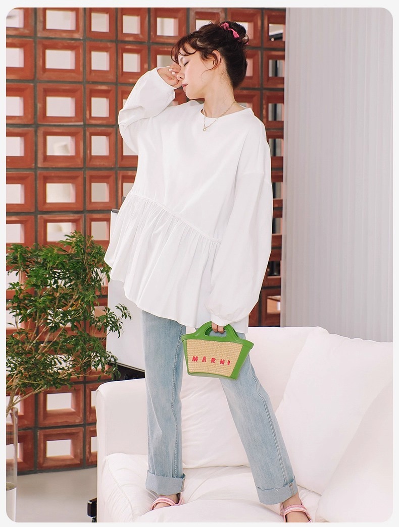 レディース トップス シャツ カットソー フレア ミモレ 長袖 Uネック ラウンドネック 襟なし フレア セミフレア ペプラム フェミニン フリル ウエストマーク 切り替えデザイン かわいい