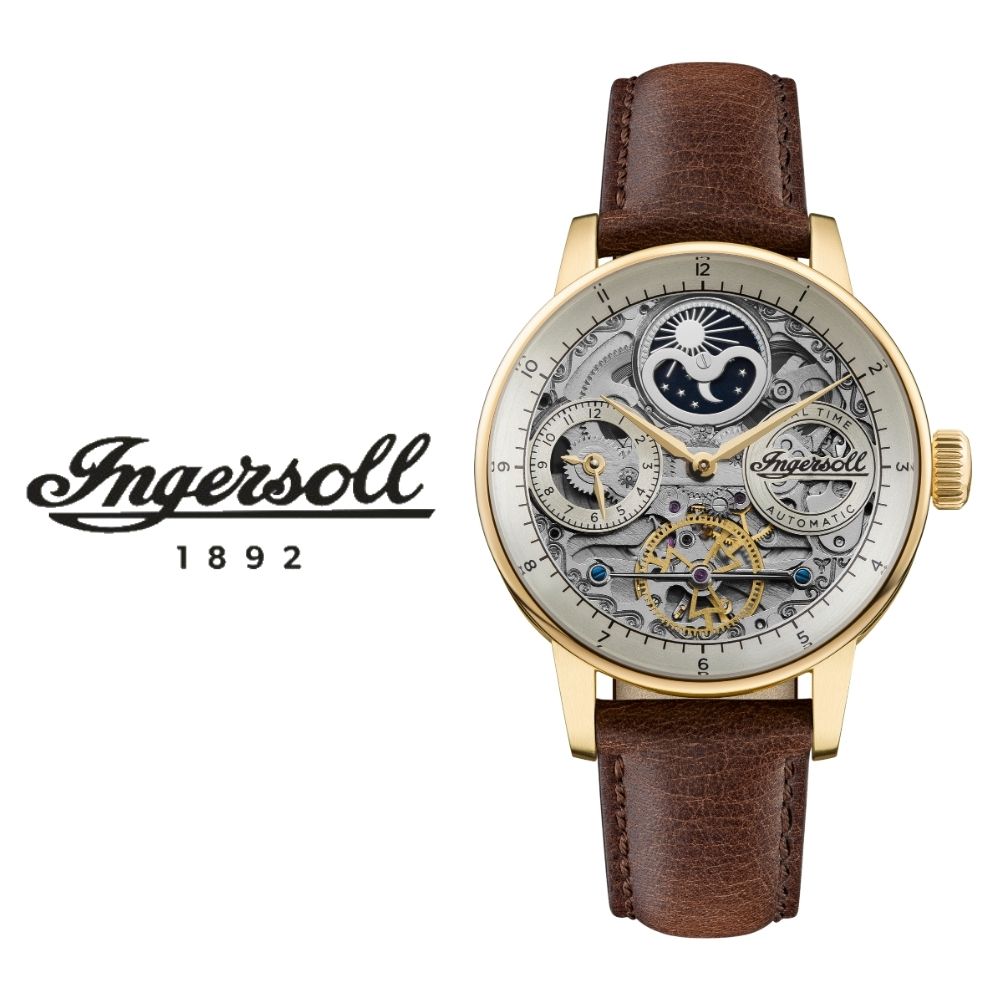 自動巻き 腕時計 インガソール 正規 ザ ジャズ オートマチック ムーンフェイズ デュアルタイム ブラウン レザー 電池交換不要 メンズ アメリカ ニューヨーク ブランド 時計 ヴィンテージ かっこい