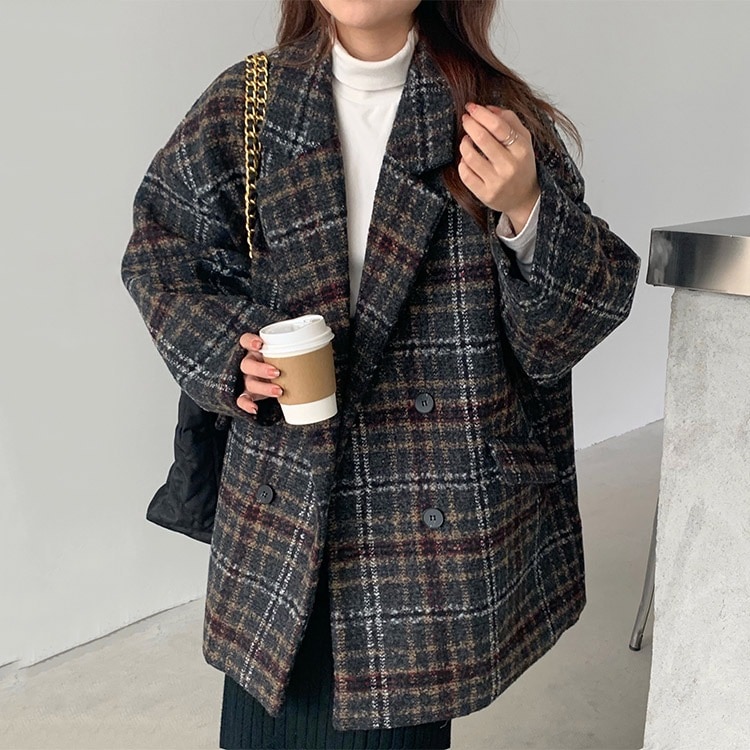 【輝いて超人気 】 チェック柄折り襟 コート