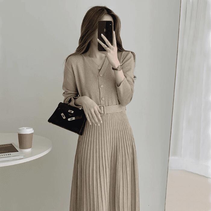 限定セールニットワンピ ワンピース プリーツスカート 長袖 秋冬 レディース 中学生 高校生 ガーリー 可愛い きれいめ 大人女子 通勤 通学 レジャー 旅行 10代 20代 b13022
