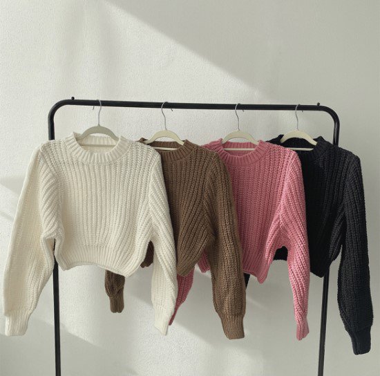 ニットセーター レディース ニット トップス ラウンドネック セーター 長袖 クロップド丈 ショート丈 プルオーバー ルーズ ボリューム袖 カジュアル お出かけ おしゃれ ニットセーター