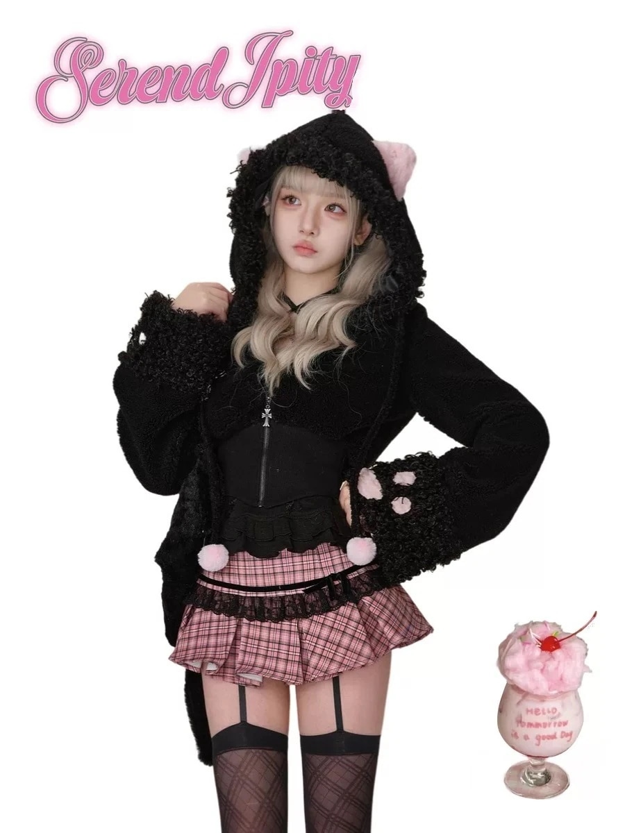 韓国 ファッション ウールラムショートコート レースキャミソール チェック柄プリーツスカート