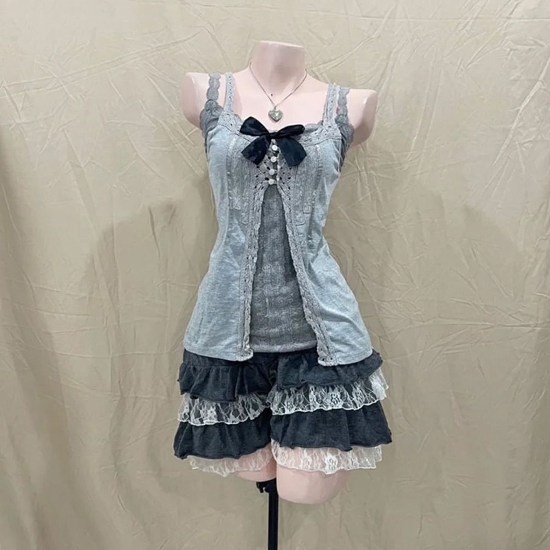 日本の柔らかい女の子の女子高生の甘い衣装セット夏の女性のリボンキャミソールトップとレーストリムスカートの3点セット