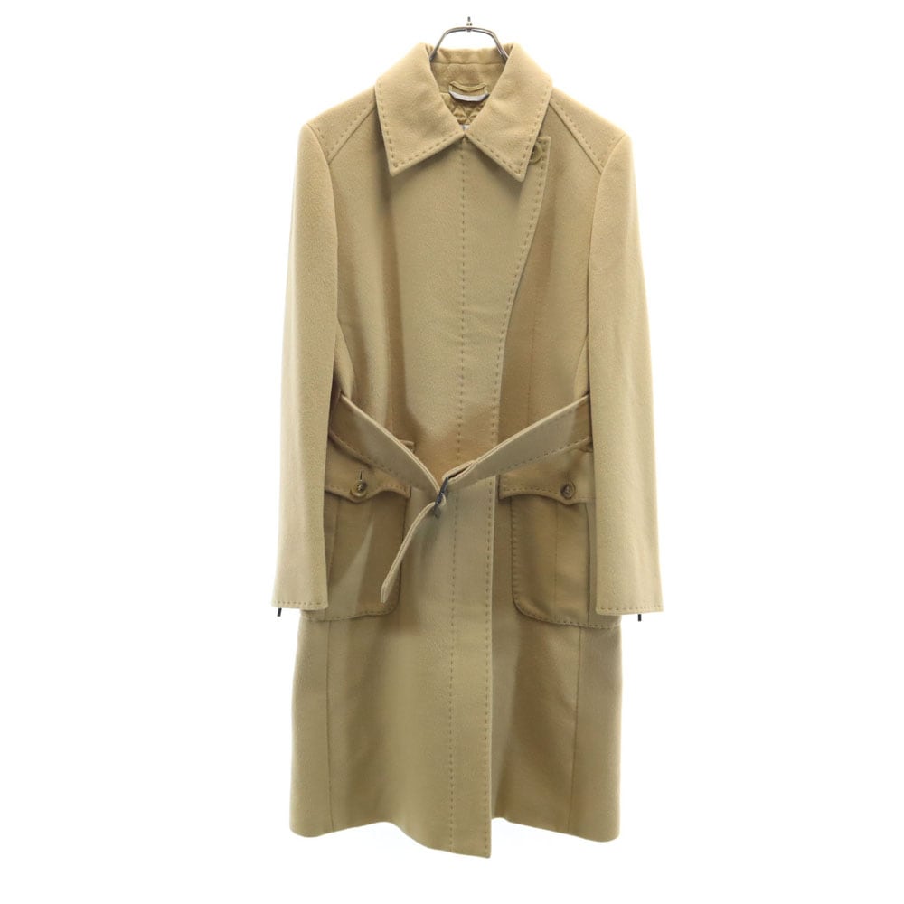 イタリア製 ウールブレンド ロングコート 42 ベージュ ベルト付き レディース 古着