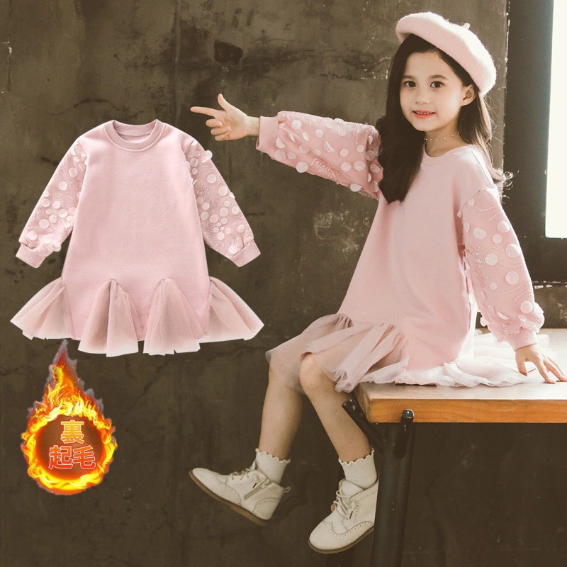 ワンピース 長袖 トップス キッズ ジュニア 女の子 裏起毛 あったか 丸襟 Aライン 膝丈 ビジュー 水玉 ドット チュールレース フリル 袖リブ