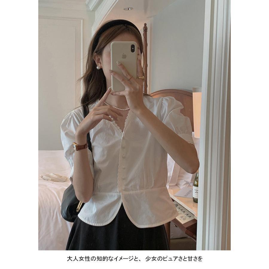 ブラウス 半袖 レディース カジュアルシャツ 夏 半袖ブラウス Vネック レトロ パフスリーブ サマーブラウス コットンシャツ レース 6,068円