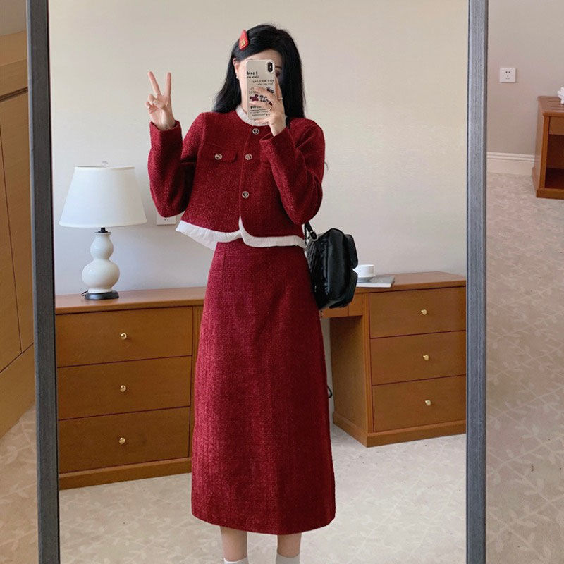 ファットシスター スリムスーツ レディース 秋冬 大きいサイズ 赤 小さめ トップス 気質カバー ヒップカバー 5分丈スカート 2点セット