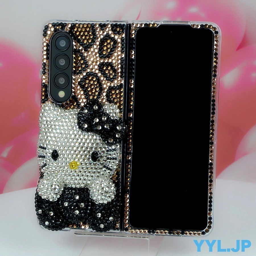 ハンドメイド galaxy z fold7ケース ハローキティgalaxy z fold6ケース キティ fold5 fold4 fold3 3D ハローキティ ヒョウ柄 キラキラのラインストーン