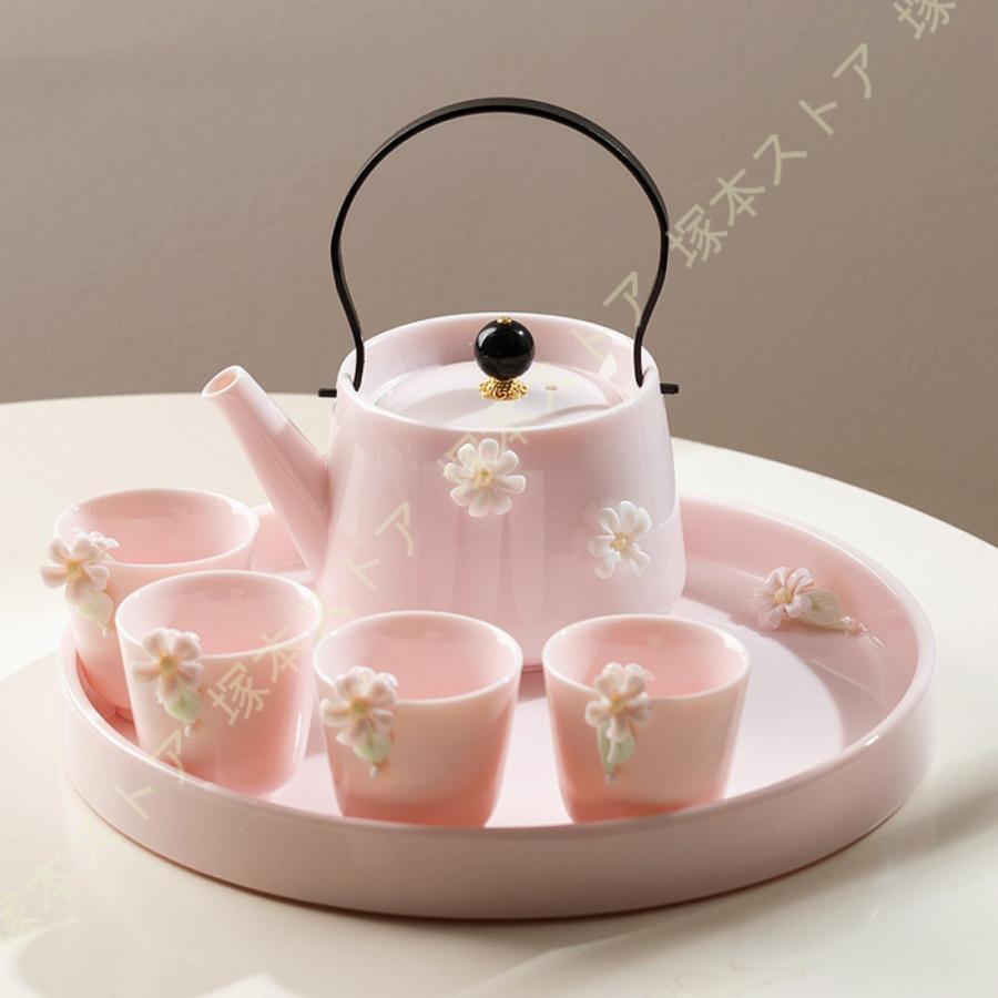かわいい花柄の茶器5点セット 湯呑 急須 ポット 茶器 オシャレ食器 お洒落 可愛い かわいい 陶器 和食器 食洗機可 業務用 ギフト プレゼント 誕生日 出産祝い