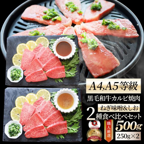 A4,A5等級 特選 黒毛和牛 カルビ焼肉 ねぎまみれ 味噌ダレ&塩ダレ 500g（250g×各1） 食べ比べ 牛肉 肉 お歳暮 クリスマス ギフト 食品 お祝い 霜降り 黒毛