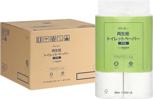 by Amazon 再生紙トイレットペーパー 長さ2倍巻 60m x 48ロール(6ロール×8パック) ダブル (6ロールで12ロール分) 【ケ