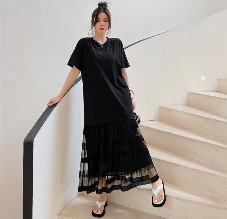 ワンピース ロング シースルー 五分丈 ラウンドネック ブラック プルオーバー フレアワンピース 5,680円