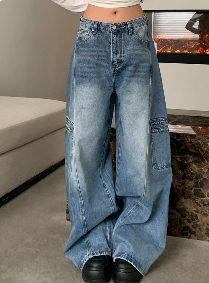 2025春夏 デニムパンツ ロング丈ボトムスハイウエストジーンズ K-POPストリートファッション系韓国風ファッション練習ジーンズ シルエット加工ゆったりレッグレディースカジュアルジーパン衣装 4,910円