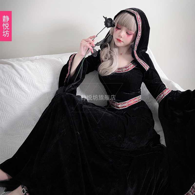 ハロウィンドレス 魔女ドレス 魔女衣装 女王衣装 フード付きマジシャンローブ