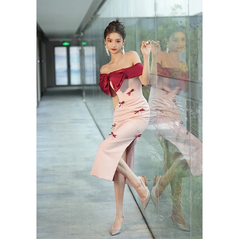 2025 ドレス トーストドレス 新しい花嫁ミドル丈小さめ普段着婚約ドレスお取り寄せ宴会ドレスレディース