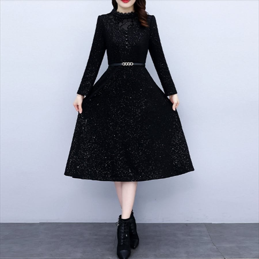 ロングドレス ドレス dress 衣装 ワンピース パーティードレス パーティドレス ロング ロング丈 膝丈 ひざ丈 袖あり 長袖 クルーネック Aライン フレア キラキラ 裏起毛