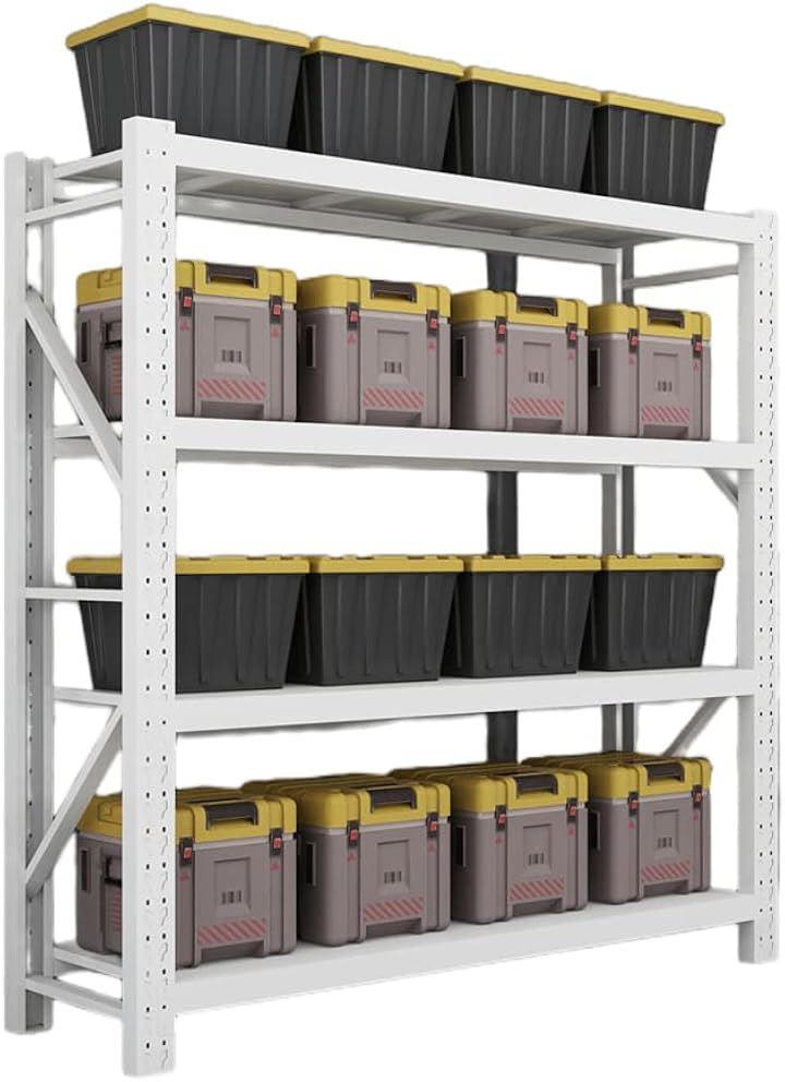 スチールラック 業務用 高耐荷重収納棚 組立簡単 ボルトレス 連結可能 4段 耐荷重120kg/段 スチール棚 軽量ラック 物置 倉庫 ガレージ(ホワイト)