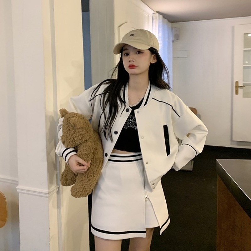 【セットアップ】スタジャン＋ミニスカート ブルゾン スカート スタジャン set up 上下セット ツーピース レディース 可愛い オルチャン カジュアルストリート アメカジコーデ ３カラー C366