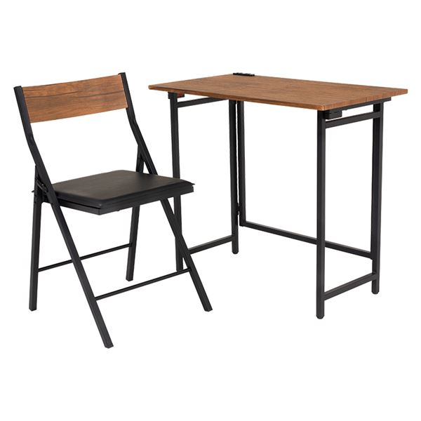 折りたたみテーブル セット 約幅80cm ブラウン チェア付き 2口コンセント付き スチール 折りたたみデスクチェアセット 組立品