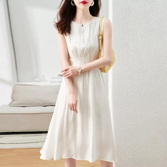 20代 い ホワイト エレガント 夏 パーティー ノースリーブ ワンピ 50代 ミモレ丈 ワンピース ハイウエスト 透け感 レディース シンプル カジュアル お呼ばれ 白 Aライン フェミニン ドレス 5,560円