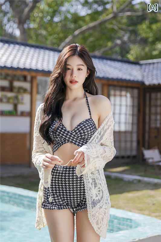 水着 レディース おしゃれ カーディガンセット 体形隠し 水着 フェミニン ハイウエスト ウエストカバー スリム プッシュアップ スチール 千鳥格子 スプリット ビキニ 温泉 旅行 日焼け防止