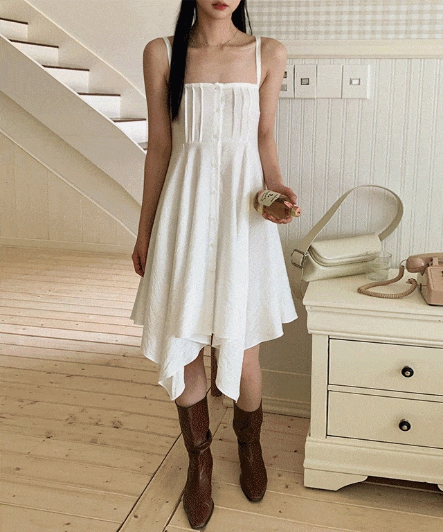 [ルピニ] アイブ フェスティバル シルキー アンバランス 袖なし ミディワンピース 3col