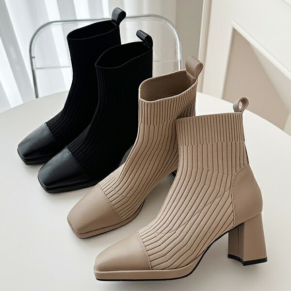 ショートブーツ 牛革 ニット スクエアトゥ キャップトゥ 太ヒール 黒 ベージュ 靴 婦人靴 韓国