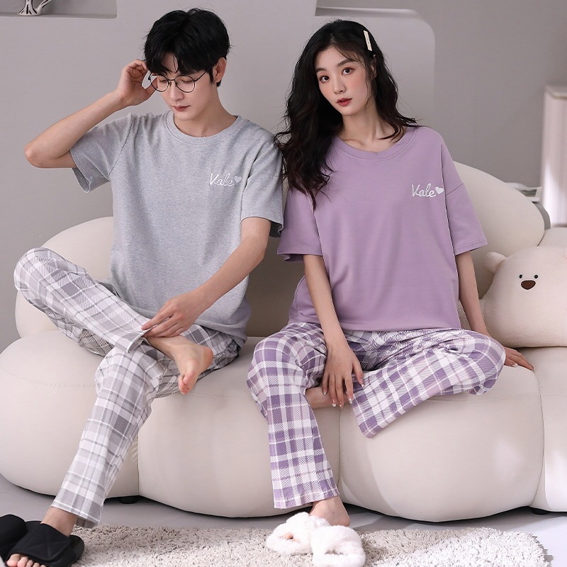 女性のためのシンプルな半袖カップルパジャマ夏のファッション新しいカジュアルワッフルコットンメンズホームウェアスーツユース
