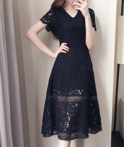 パーティードレス 花柄 レース 半袖 ネック ３色 ミモレ丈 Aライン 透け感 フレア エレガント フェミニン パーティー 結婚式 二次会 お呼ばれ ワンピース フォーマル 2018年新作