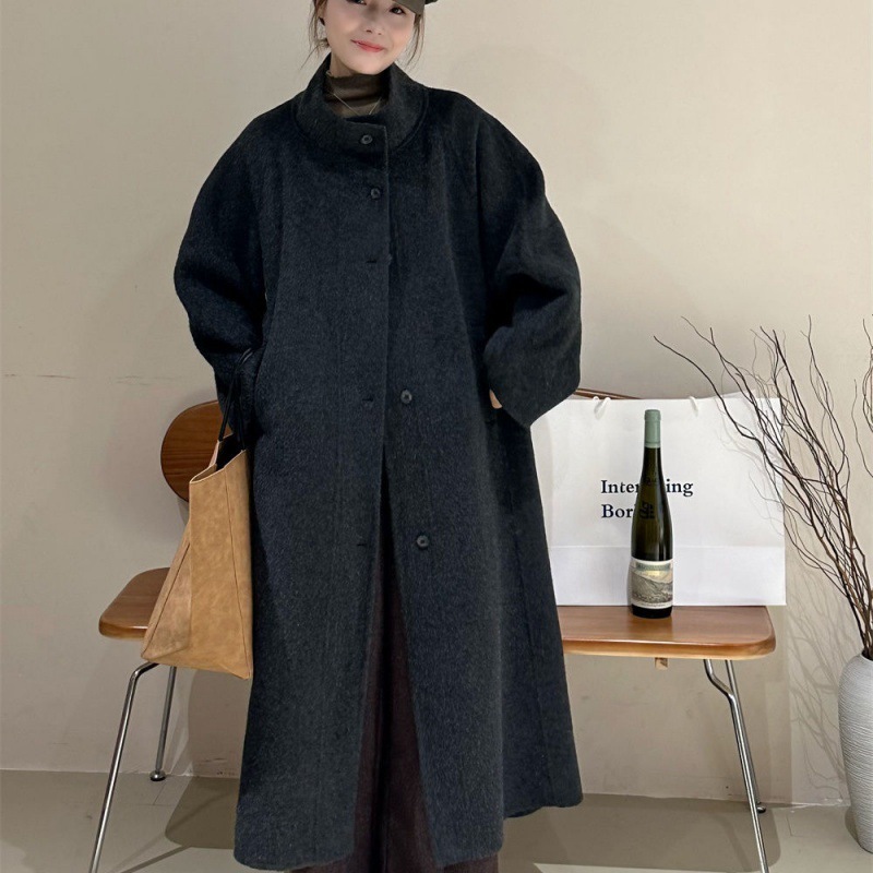 チェスターコートレディースファッションシルエットベルトスタンドネックラシャコートレディースミディアム丈ゆったり着やせカジュアルファーコート