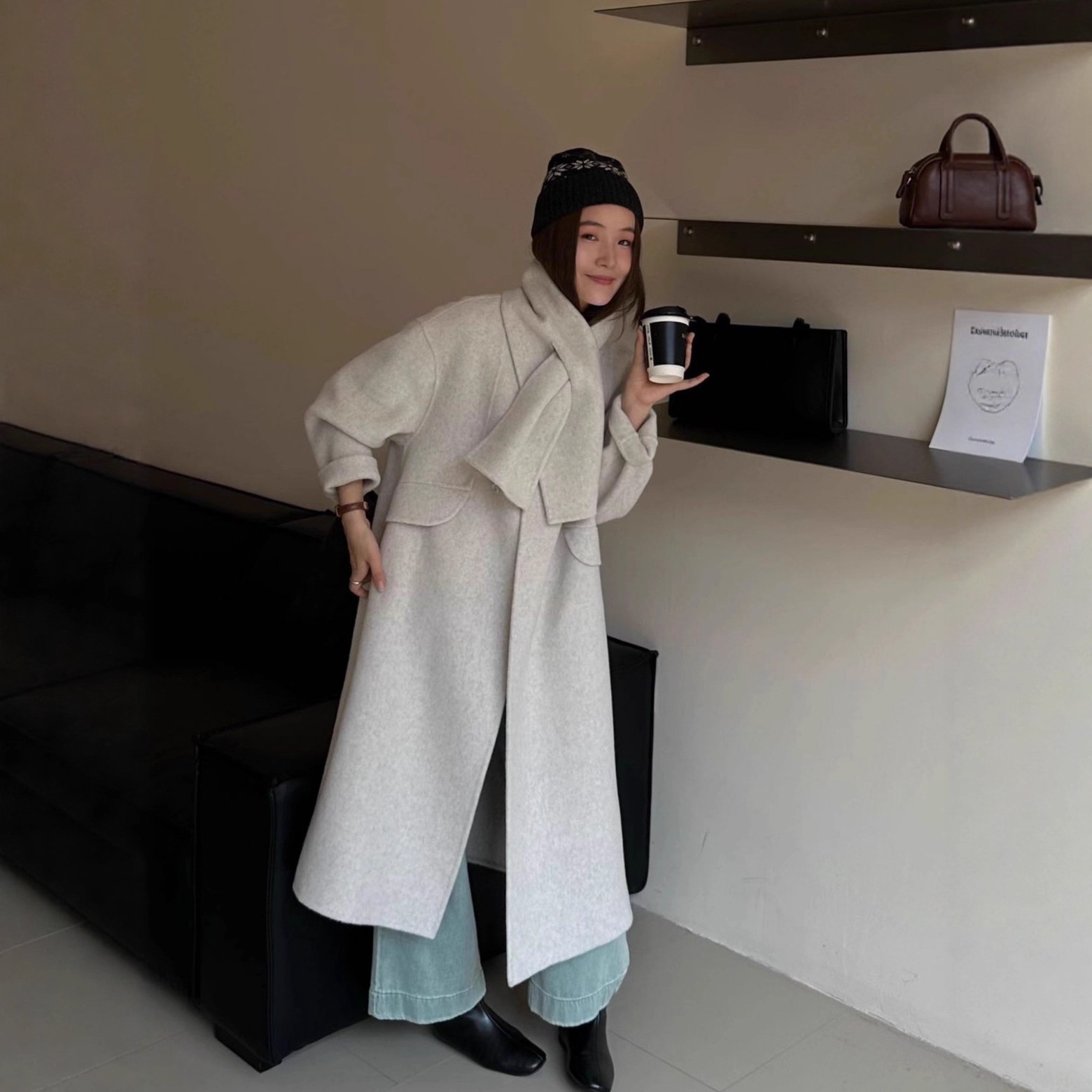 スカーフ無地ラウンドネック両面ウールコート拡張コート厚手レディースカシミヤルーズコート