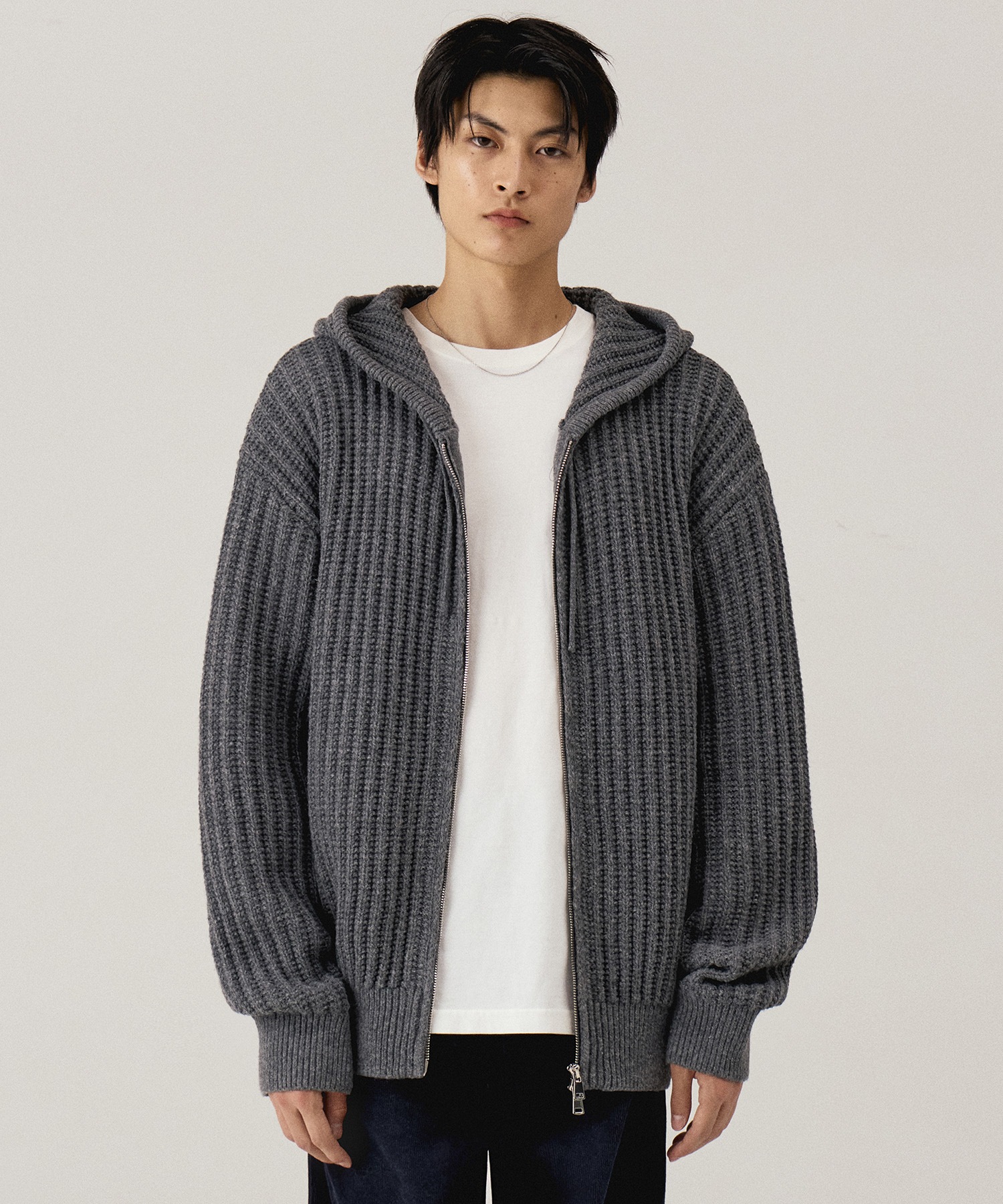 【KIIMUIR】 BULKY TEXYURE KNITWEAR HOODED ZIP-UP : 2COLORS