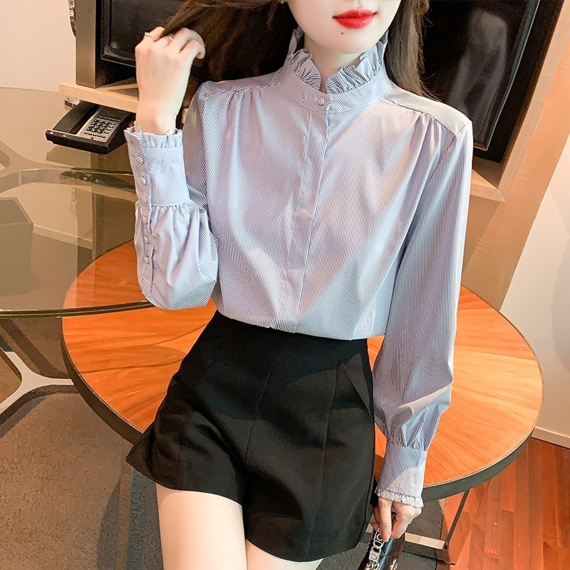 フリルハイネックシャツ ブラウス シャツ きちんと ストライプ 襟付き フリル 韓国 レディース オルチャン 袖あり 長袖 かわいい 大人可愛い フォーマル きれいめ シンプル カジュアル